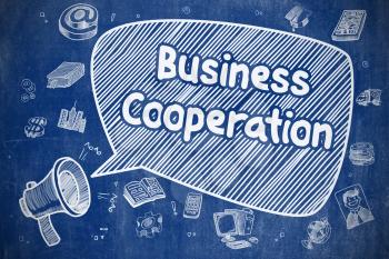 Speech Bubble with Wording Business Cooperation Hand Drawn. Illustration on Blue Chalkboard. Advertising Concept. 