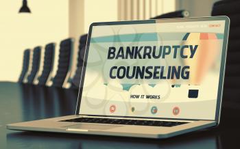 Bankruptcy Counseling. Closeup Landing Page on Mobile Computer Display. Modern Meeting Room Background. Toned Image with Selective Focus. 3D Render.