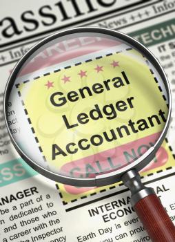 General Ledger Accountant - Small Ads of Job Search in Newspaper. General Ledger Accountant - CloseUp View Of A Classifieds Through Magnifier. Job Seeking Concept. Blurred Image. 3D.