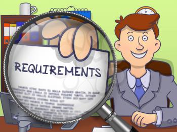 Requirements on Paper in Businessman's Hand to Illustrate a Business Concept. Closeup View through Magnifying Glass. Multicolor Doodle Illustration.
