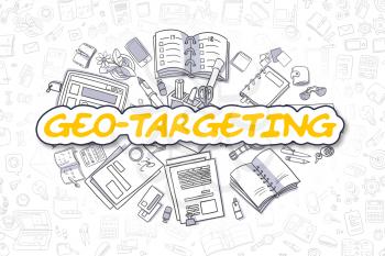 Cartoon Illustration of Geo-Targeting, Surrounded by Stationery. Business Concept for Web Banners, Printed Materials. 