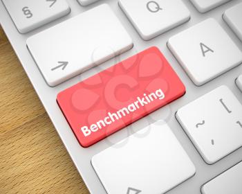 Business Concept: Benchmarking on the Metallic Keyboard Background. Service Concept with Modern Enter Red Keypad on Keyboard: Benchmarking. 3D Illustration.