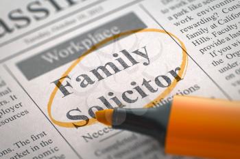 Family Solicitor. Newspaper with the Vacancy, Circled with a Orange Highlighter. Blurred Image. Selective focus. Job Seeking Concept. 3D.