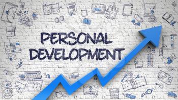 Personal Development Inscription on Modern Illustation. with Blue Arrow and Hand Drawn Icons Around. Personal Development - Modern Illustration with Doodle Design Elements. 