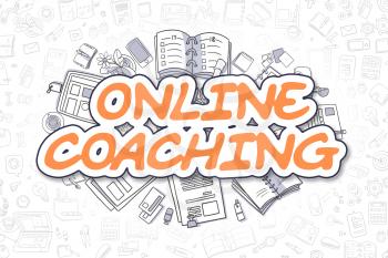 Doodle Illustration of Online Coaching, Surrounded by Stationery. Business Concept for Web Banners, Printed Materials. 