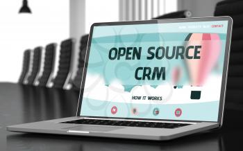 Open Source CRM Concept. Closeup of Landing Page on Mobile Computer Display in Modern Meeting Room. Toned Image with Selective Focus. 3D Illustration.