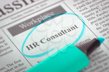 Newspaper with Small Ads of Job Search HR Consultant. Blurred Image with Selective focus. Job Seeking Concept. 3D Illustration.