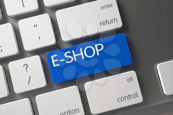 E-Shop Concept Slim Aluminum Keyboard with E-Shop on Blue Enter Keypad Background, Selected Focus. 3D Illustration.