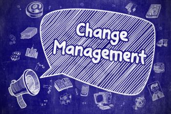 Change Management on Speech Bubble. Cartoon Illustration of Screaming Megaphone. Advertising Concept. Business Concept. Bullhorn with Phrase Change Management. Doodle Illustration on Blue Chalkboard. 