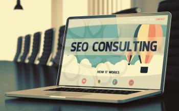 SEO Consulting - Landing Page with Inscription on Laptop Screen on Background of Comfortable Conference Hall in Modern Office. Closeup View. Toned Image. Blurred Background. 3D Illustration.