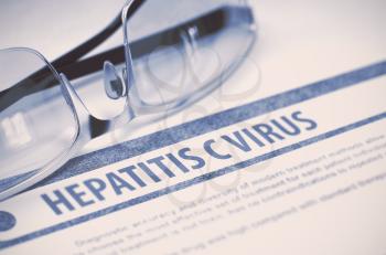 Hepatitis C Virus - Medicine Concept with Blurred Text and Glasses on Blue Background. Selective Focus. 3D Rendering.