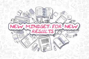 New Mindset For New Results Doodle Illustration of Magenta Word and Stationery Surrounded by Doodle Icons. Business Concept for Web Banners and Printed Materials. 