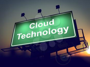 Cloud Tecnology - Green Billboard on the Rising Sun Background.