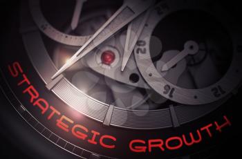 Strategic Growth on the Mechanical Pocket Watch, Chronograph Up Close. Strategic Growth - Men Watch Inside Mechanism Close-Up with Inscription on Face. Business Concept with Lens Flare. 3D Rendering.