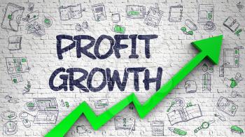 Profit Growth - Increase Concept with Doodle Icons Around on the White Wall Background. Profit Growth Inscription on Modern Illustation. with Green Arrow and Doodle Design Icons Around. 3d.