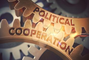 Political Cooperation on Mechanism of Golden Metallic Gears with Glow Effect. Political Cooperation - Industrial Illustration with Glow Effect and Lens Flare. 3D Rendering.