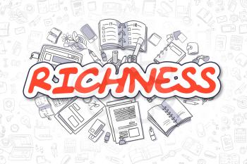 Richness Doodle Illustration of Red Word and Stationery Surrounded by Cartoon Icons. Business Concept for Web Banners and Printed Materials. 