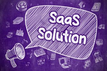 Business Concept. Bullhorn with Phrase SaaS Solution. Cartoon Illustration on Purple Chalkboard. Shouting Loudspeaker with Text SaaS Solution on Speech Bubble. Cartoon Illustration. Business Concept. 