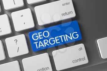 Geo Targeting Concept Laptop Keyboard with Geo Targeting on Blue Enter Key Background, Selected Focus. 3D.