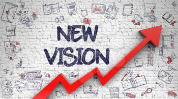 New Vision - Modern Line Style Illustration with Doodle and 3d Elements. New Vision - Business Concept. Inscription on the White Wall with Doodle Design Icons Around. 3d.