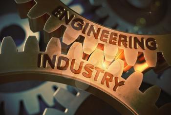 Engineering Industryon Golden Metallic Cogwheels. Golden Cog Gears with Engineering Industry Concept. 3D Rendering.