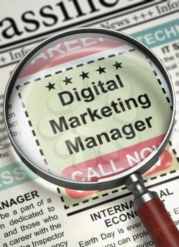 Digital Marketing Manager. Newspaper with the Jobs Section Vacancy. Digital Marketing Manager - Jobs Section Vacancy in Newspaper. Hiring Concept. Blurred Image. 3D Render.