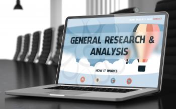 Laptop Display with General Research and Analysis Concept on Landing Page. Closeup View. Modern Meeting Hall Background. Toned Image. Blurred Background. 3D.