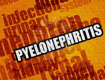 Modern health concept: Pyelonephritis on the Yellow Brickwall . Pyelonephritis - on Wall with Word Cloud Around . 