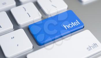 Hotel Written on Blue Key of Computer Keyboard. High Quality Render of a Slim Aluminum Keyboard Button. The Keypad is Blue in Color and there is Inscription Hotel on It. 3D.