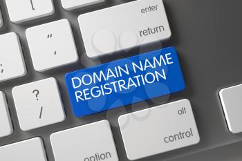 Domain Name Registration Concept Laptop Keyboard with Domain Name Registration on Blue Enter Keypad Background, Selected Focus. 3D Render.