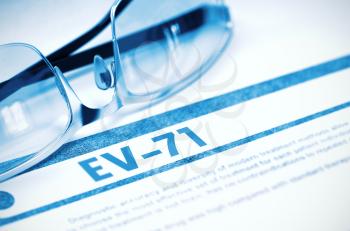 EV-71 - Enterovirus -71 - Printed Diagnosis on Blue Background and Eyeglasses Lying on It. Medical Concept. Blurred Image. 3D Rendering.