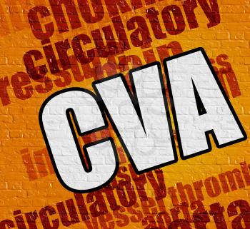 Health concept: CVA - Cerebrovascular Accident on Yellow Wall . CVA - Cerebrovascular Accident - on Brickwall with Wordcloud Around . 