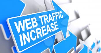 Web Traffic Increase - Blue Arrow with a Label Indicates the Direction of Movement. Web Traffic Increase, Text on the Blue Arrow. 3D Render.