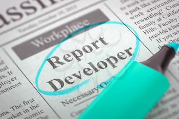 A Newspaper Column in the Classifieds with the Vacancy of Report Developer, Circled with a Azure Marker. Blurred Image with Selective focus. Concept of Recruitment. 3D Illustration.