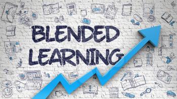 Blended Learning - Development Concept. Inscription on the White Brick Wall with Hand Drawn Icons Around. White Brick Wall with Blended Learning Inscription and Blue Arrow. Improvement Concept. 