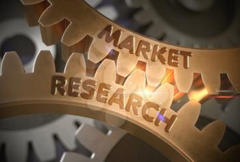 Market Research on the Mechanism of Golden Metallic Cogwheels. Market Research Golden Cog Gears. 3D Rendering.