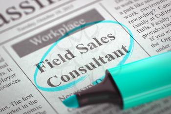 Field Sales Consultant - Jobs in Newspaper, Circled with a Azure Highlighter. Blurred Image with Selective focus. Job Seeking Concept. 3D.
