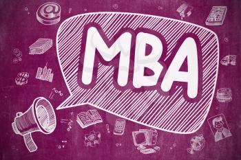 Business Concept. Loudspeaker with Wording MBA - Master Of Business Administration. Cartoon Illustration on Purple Chalkboard. 