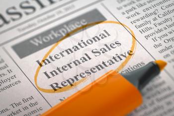 International Internal Sales Representative - Classified Advertisement of Hiring in Newspaper, Circled with a Orange Highlighter. Blurred Image with Selective focus. Job Seeking Concept. 3D Rendering.