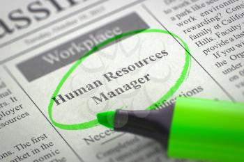 Human Resources Manager - Classified Advertisement of Hiring in Newspaper, Circled with a Green Marker. Blurred Image. Selective focus. Job Search Concept. 3D Rendering.