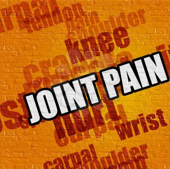 Healthcare concept: Joint Pain - on the Wall with Word Cloud Around . Yellow Brickwall with Joint Pain on it . 