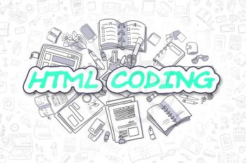 Business Illustration of HTML Coding. Doodle Green Inscription Hand Drawn Doodle Design Elements. HTML Coding Concept. 