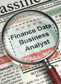 Finance Data Business Analyst. Newspaper with the Job Vacancy. Column in the Newspaper with the Job Vacancy of Finance Data Business Analyst. Job Seeking Concept. Blurred Image. 3D.