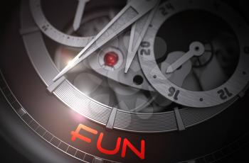Vintage Wrist Watch with Fun on the Face, Symbol of Time. Fun - Black and White Close Up of Wristwatch Mechanism. Time and Business Concept with Glow Effect and Lens Flare. 3D Rendering.