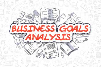 Cartoon Illustration of Business Goals Analysis, Surrounded by Stationery. Business Concept for Web Banners, Printed Materials. 