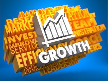 Growth with Growth Chart Icon on Yellow WordCloud on Blue Background.