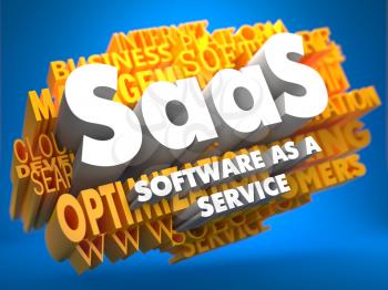 SAAS - Software-as-a-Service - on  Yellow WordCloud on Blue Background.