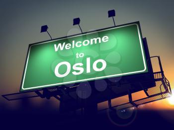 Welcome to Oslo - Green Billboard on the Rising Sun Background.