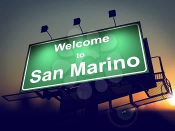 Welcome to San Marino - Green Billboard on the Rising Sun Background.