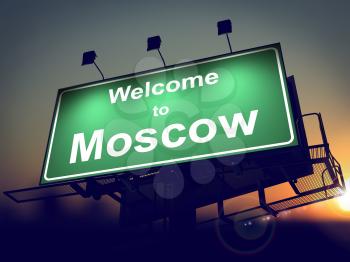 Welcome to Moscow - Green Billboard on the Rising Sun Background.